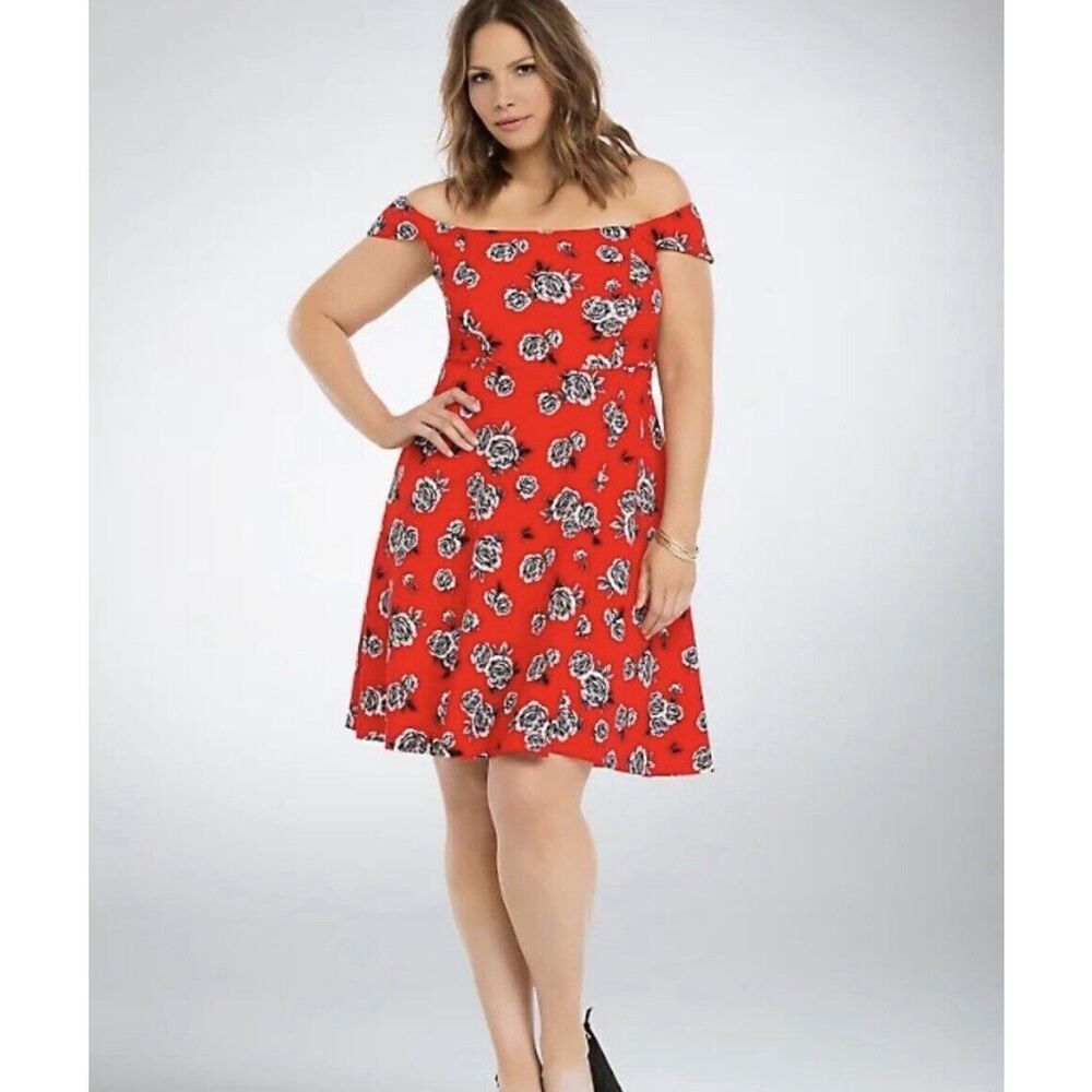 Torrid Red Floral Off The Shoulder Skater Dress - Size 2X - Red/White